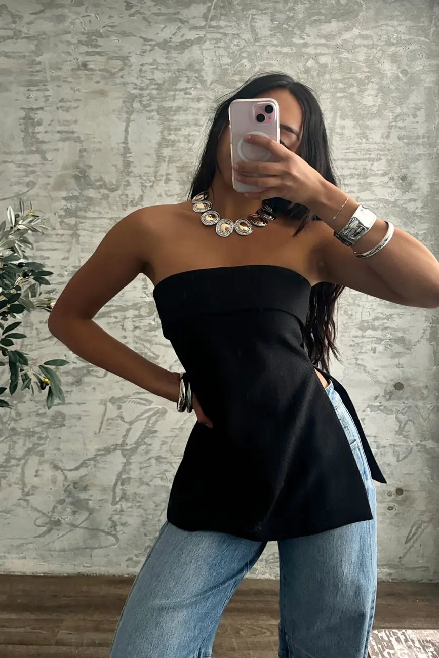 Montague Black Tailored Strapless Longline Top - Image 4