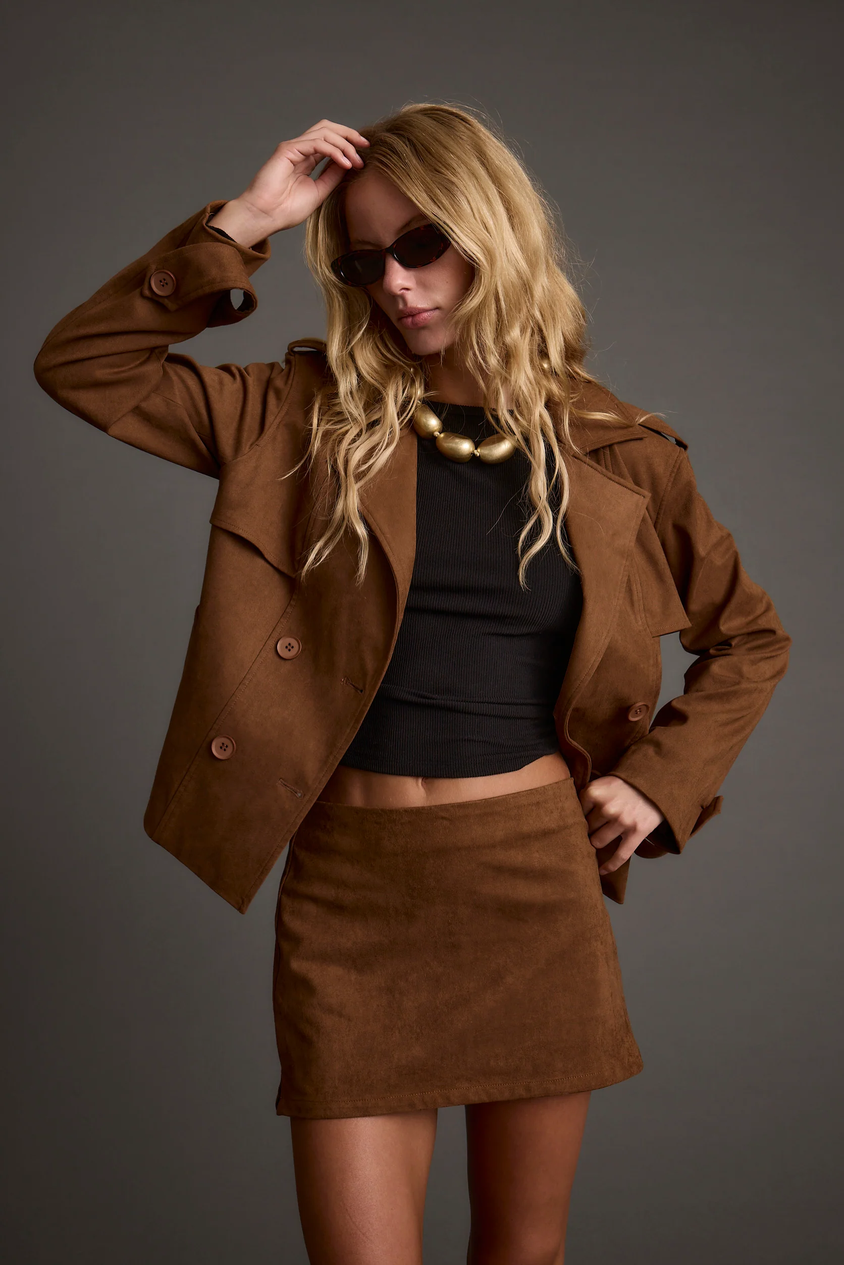 Moxie Cognac Vegan Suede Mini Skirt - Image 10