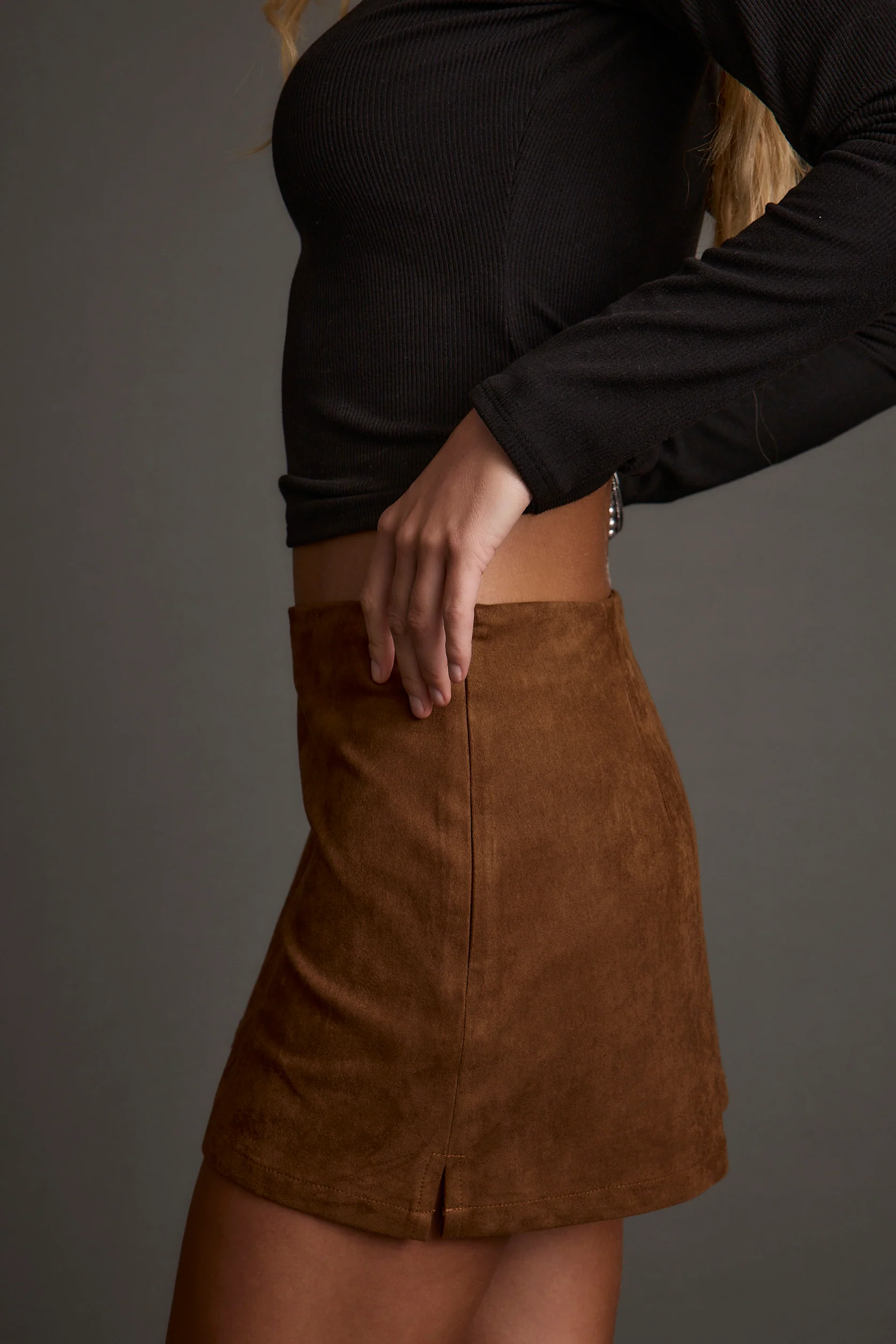 Moxie Cognac Vegan Suede Mini Skirt - Image 6