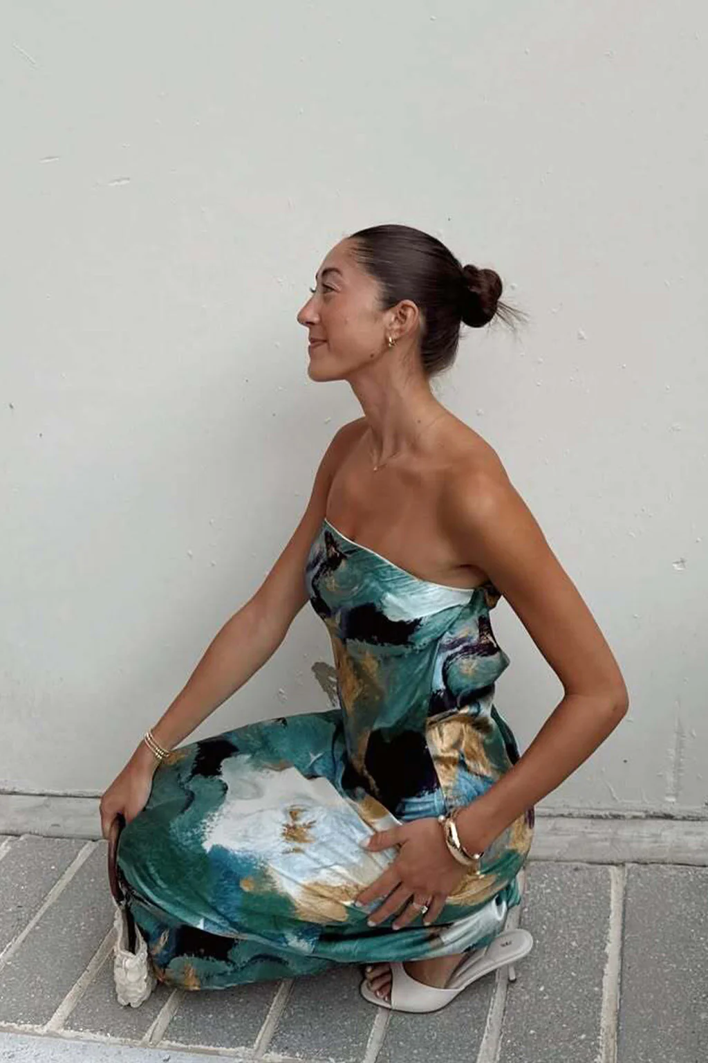 Natalia Blue and Gold Watercolor Strapless Maxi Dress - Image 4