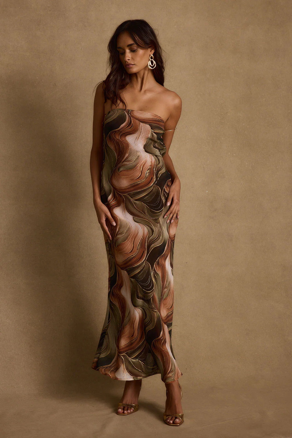 Natalia Olive and Rust Abstract Strapless Maxi Dress - Image 2