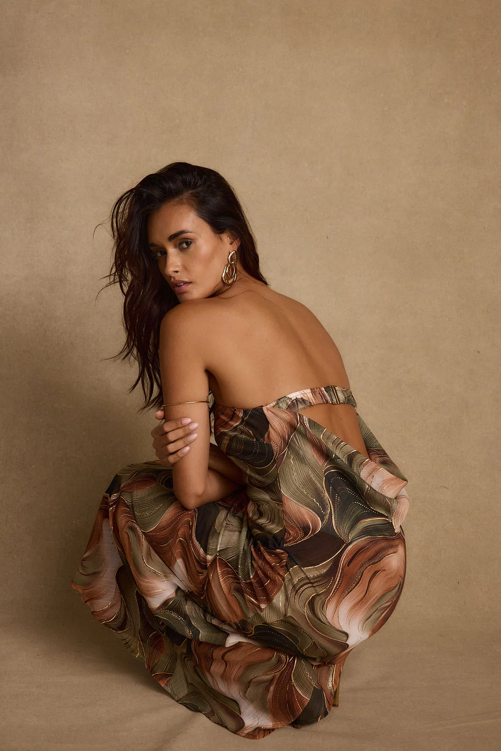 Natalia Olive and Rust Abstract Strapless Maxi Dress - Image 4