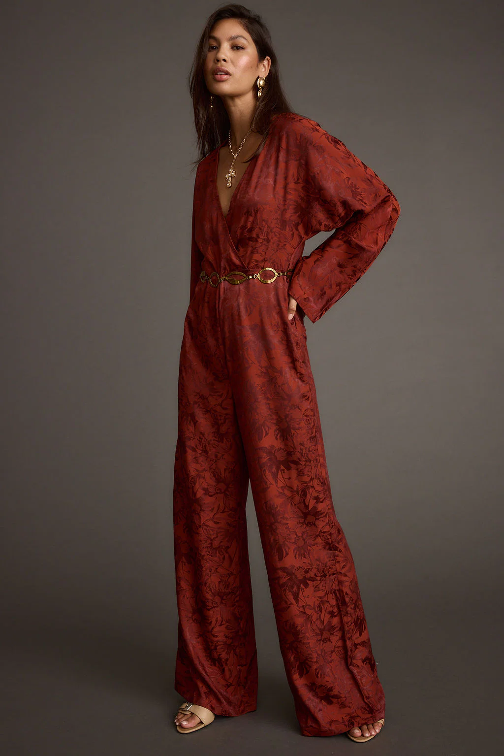 Noelle Cinnamon Satin Jacquard Jumpsuit - Image 4