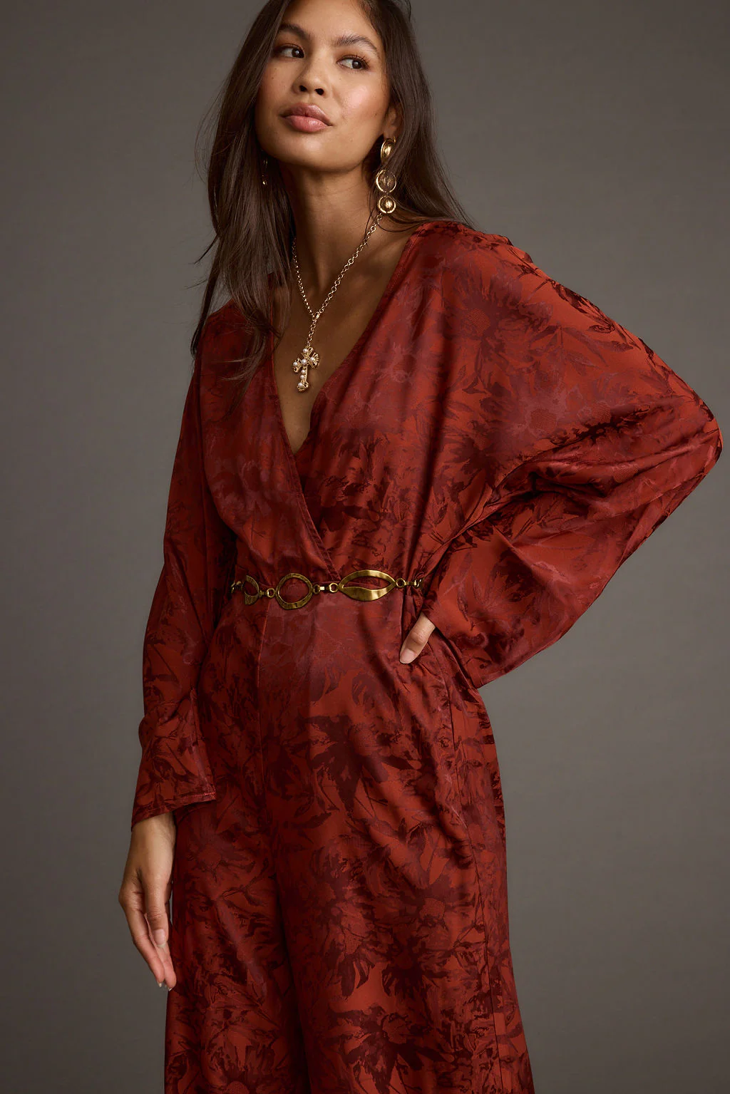 Noelle Cinnamon Satin Jacquard Jumpsuit - Image 5