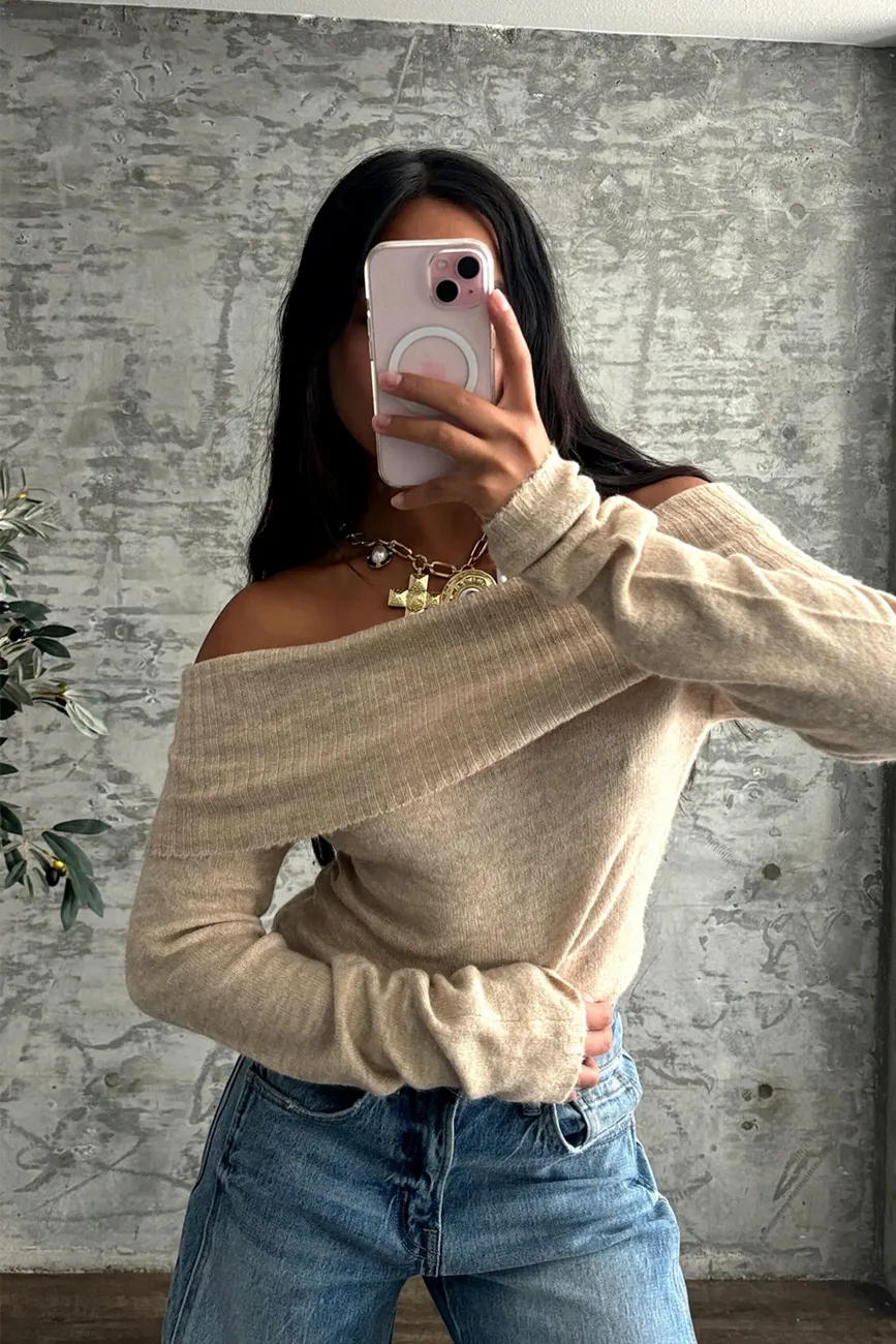 Nora Beige Off the Shoulder Sweater - Image 2