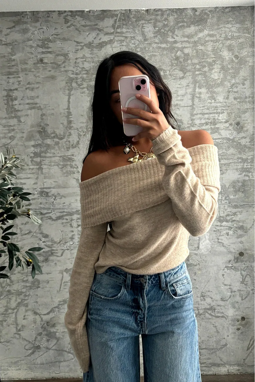 Nora Beige Off the Shoulder Sweater - Image 3