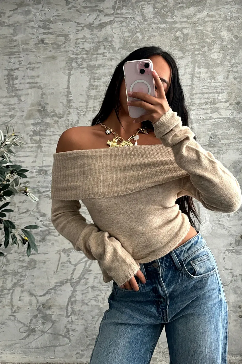 Nora Beige Off the Shoulder Sweater - Image 4