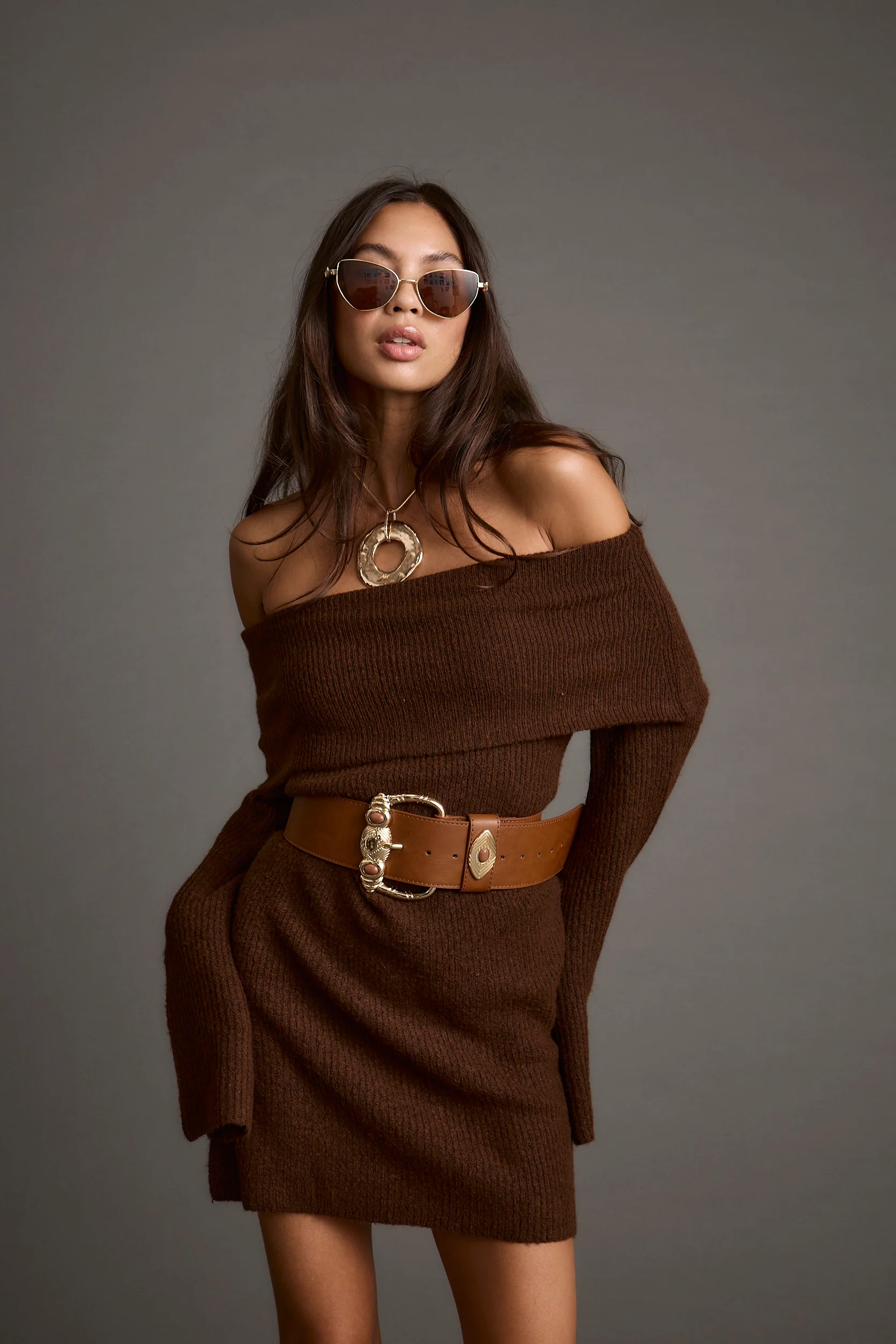 Olivia Cinnamon Off Shoulder Sweater Mini Dress - Image 10
