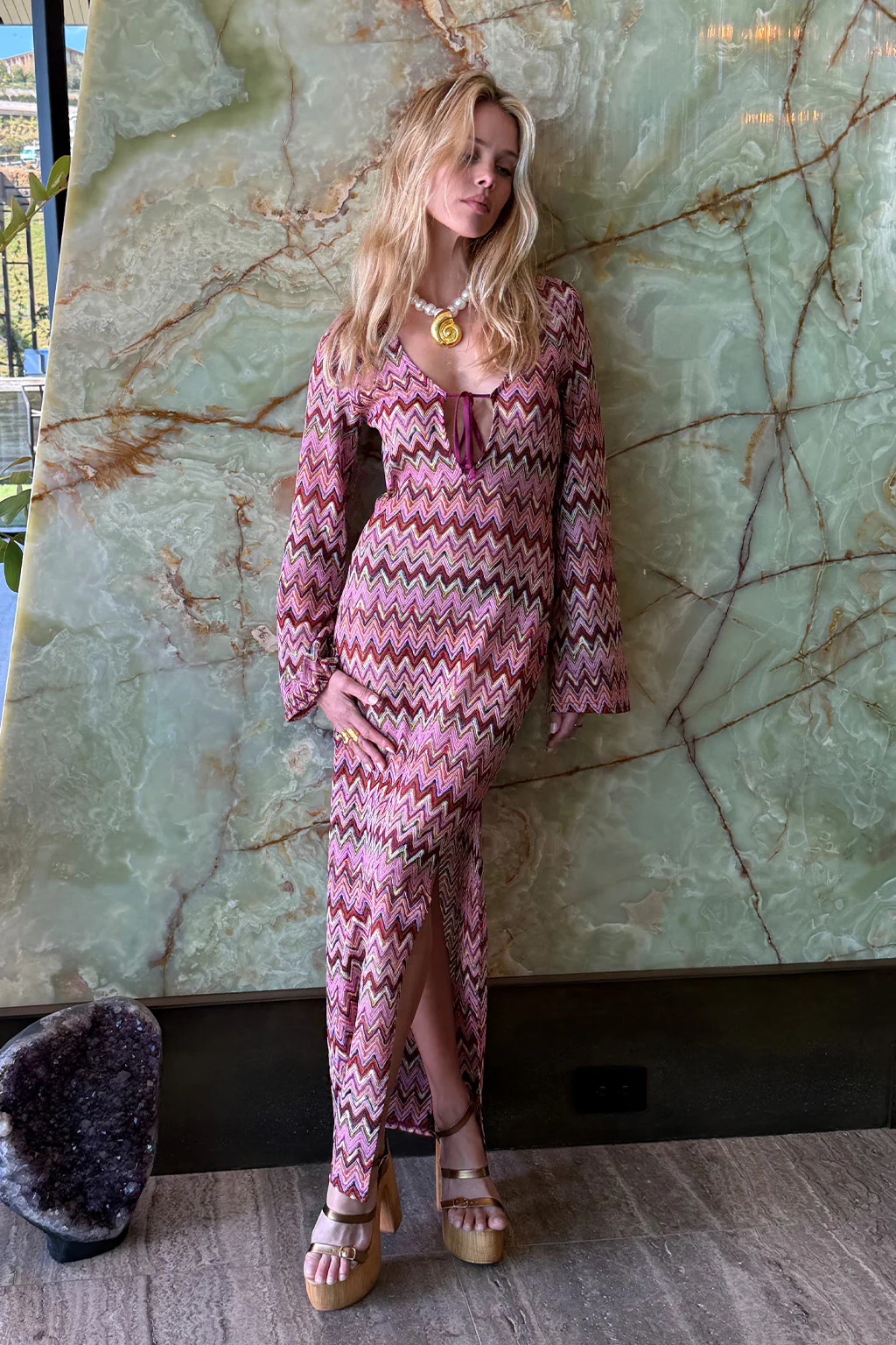 Palermo Pink Crochet Plunge Maxi Dress - Image 6