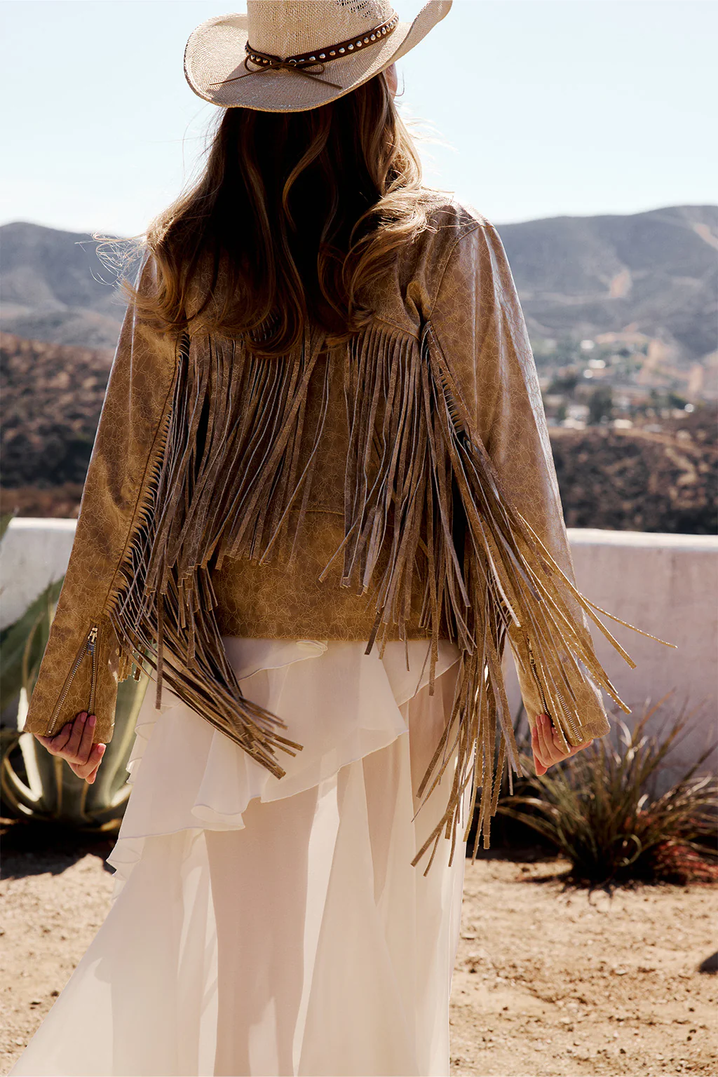 Phoenix Taupe Vegan Leather Moto Fringe Jacket - Image 3