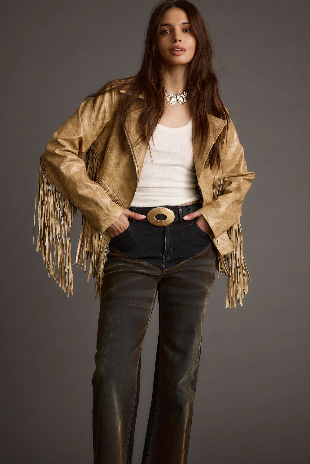 Phoenix Taupe Vegan Leather Moto Fringe Jacket - Image 5