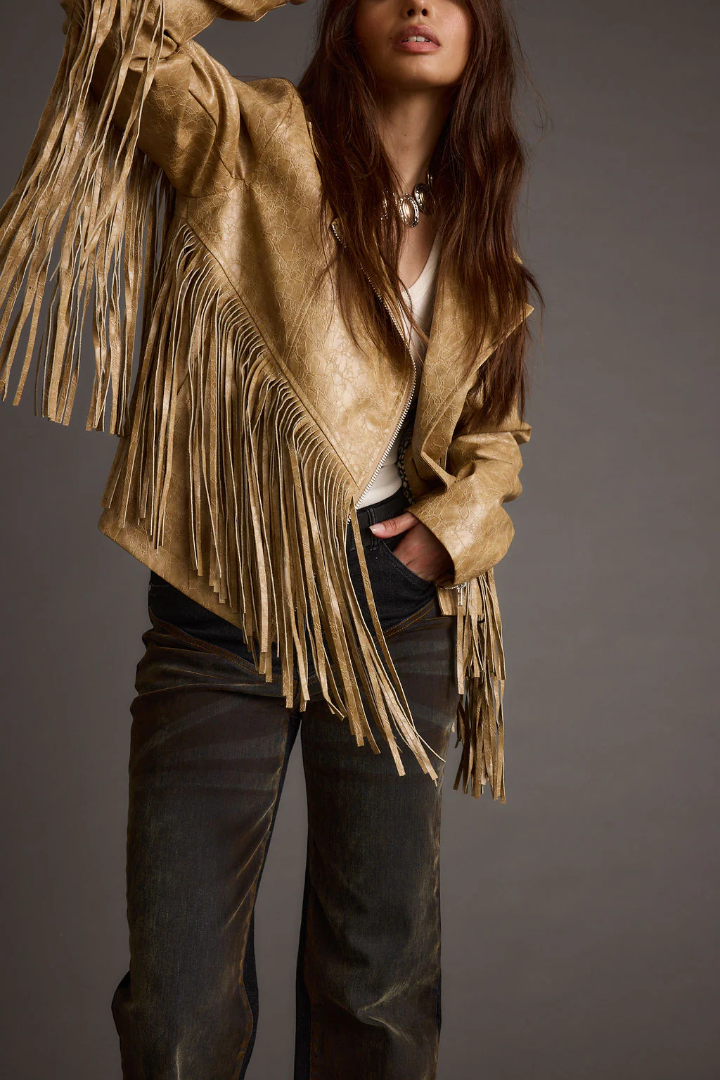 Phoenix Taupe Vegan Leather Moto Fringe Jacket - Image 7