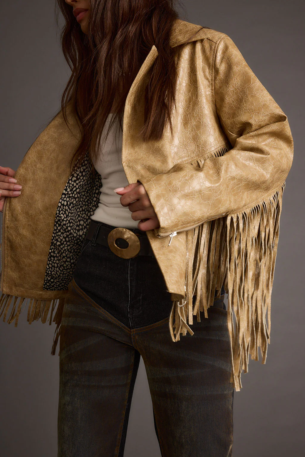 Phoenix Taupe Vegan Leather Moto Fringe Jacket - Image 9