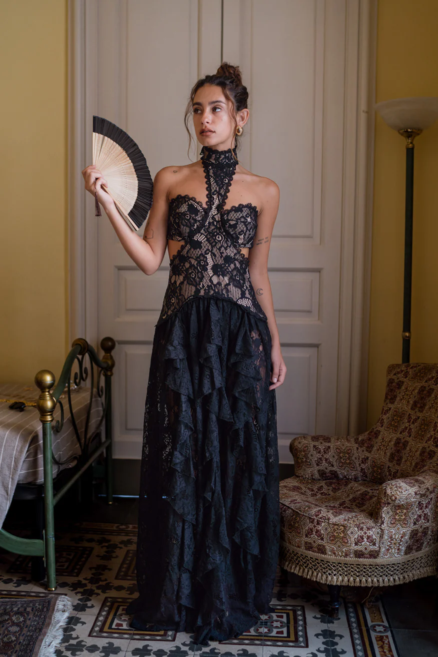 Princesa Black Lace Drop Waist Maxi Dress - Image 11