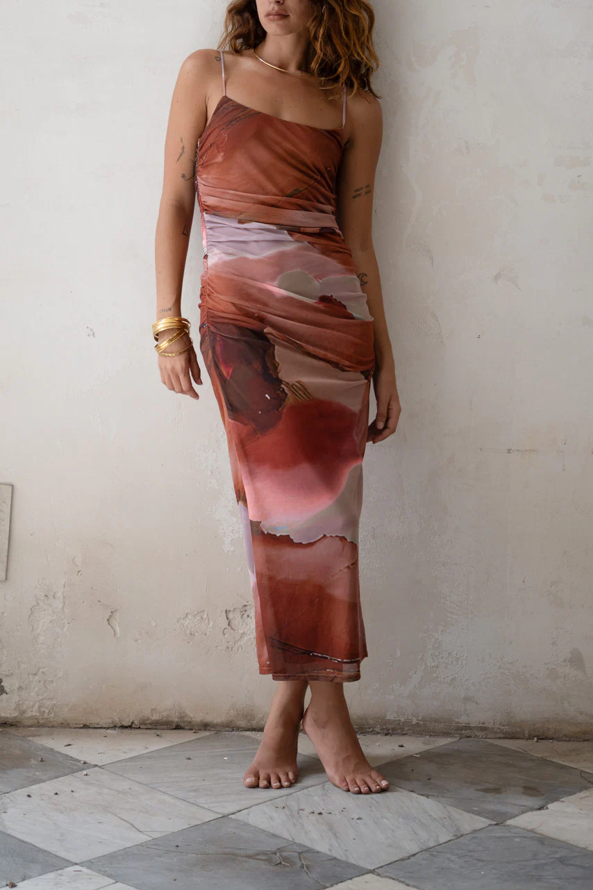 Caterina Rust Abstract Mesh Midi Dress - Image 3
