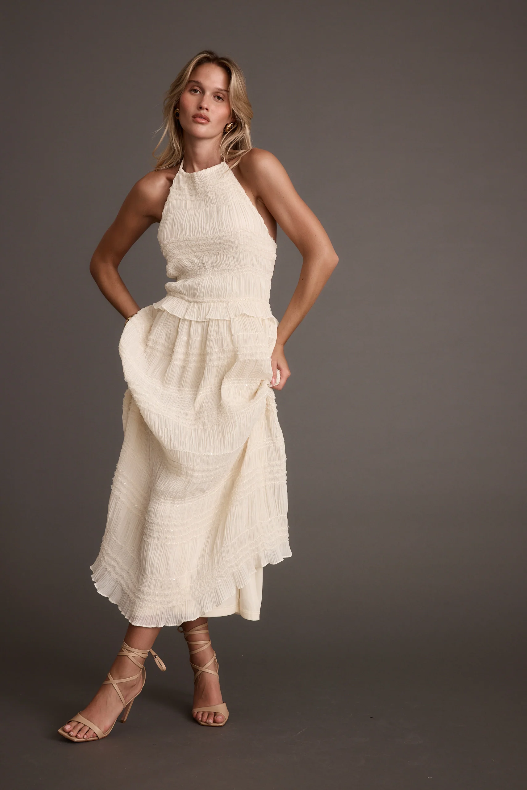 Quinn Ivory High Neck Shimmer Chiffon Maxi Dress - Image 5