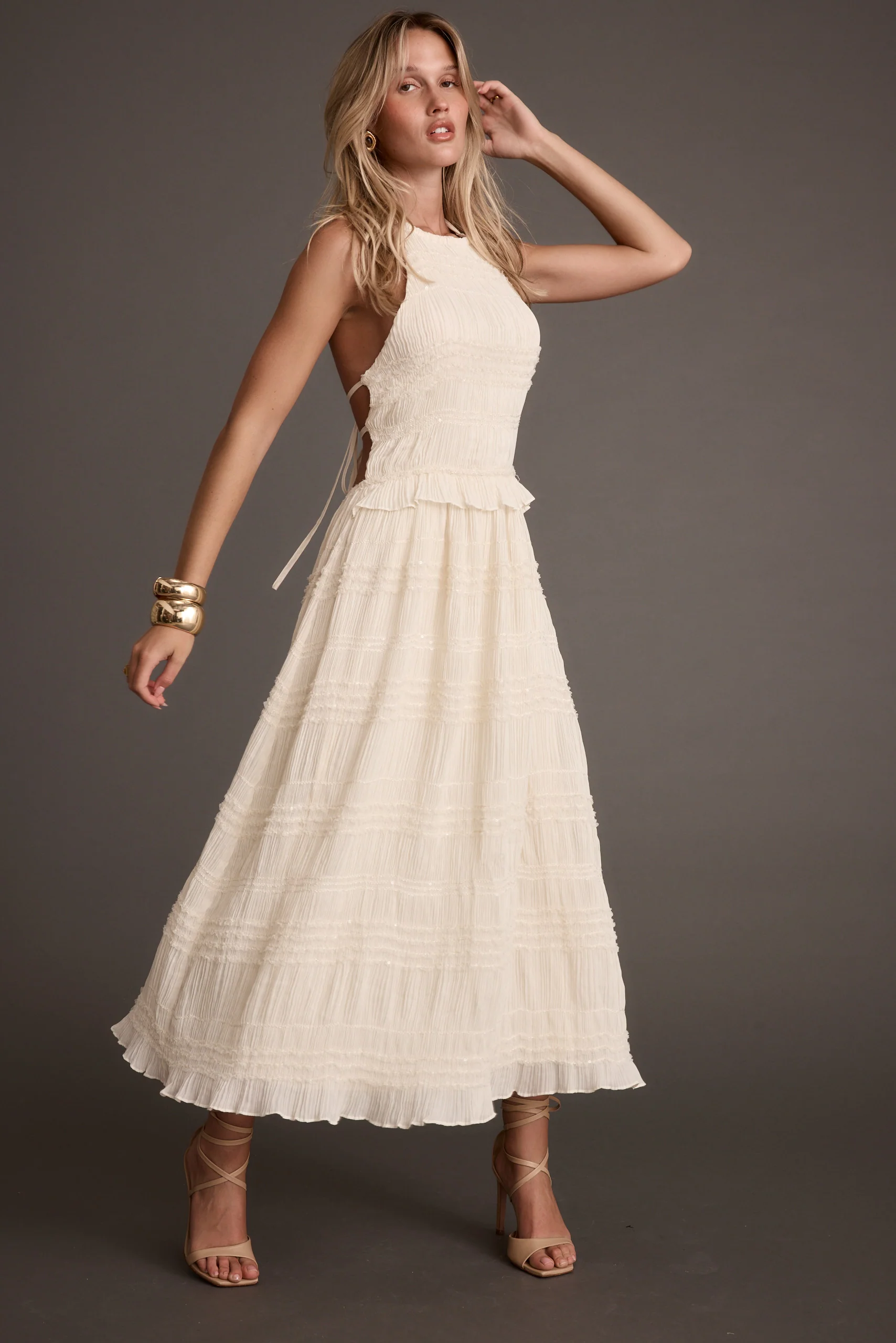 Quinn Ivory High Neck Shimmer Chiffon Maxi Dress - Image 7