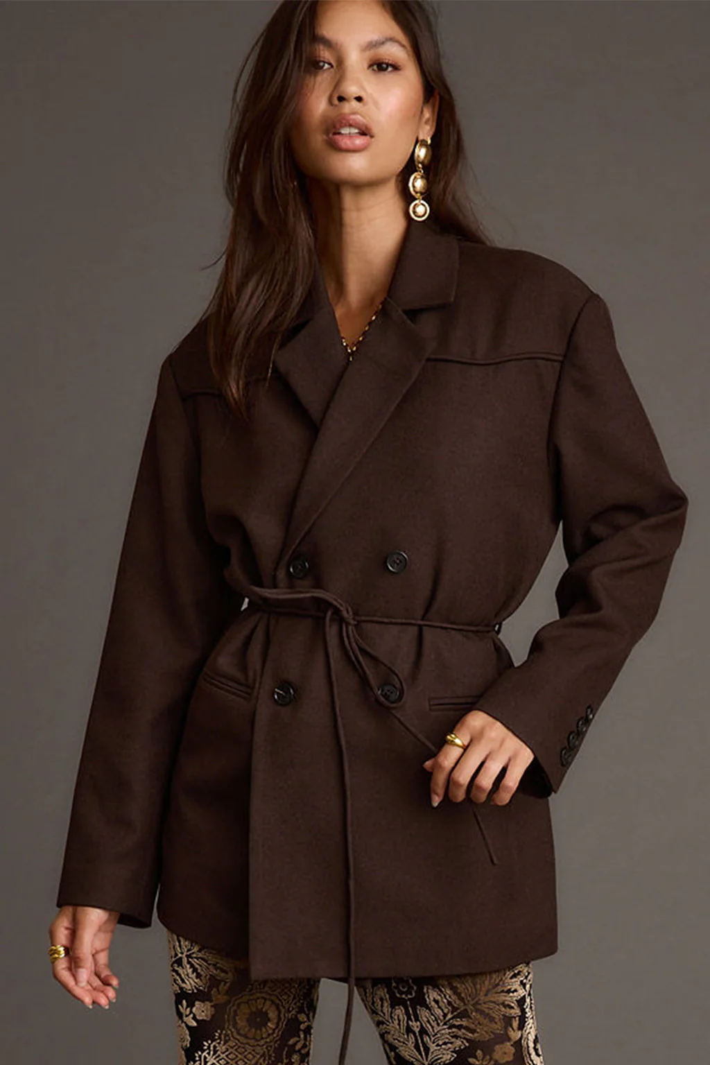 Rebel Brown Belted Double Breasted Blazer - Image 3