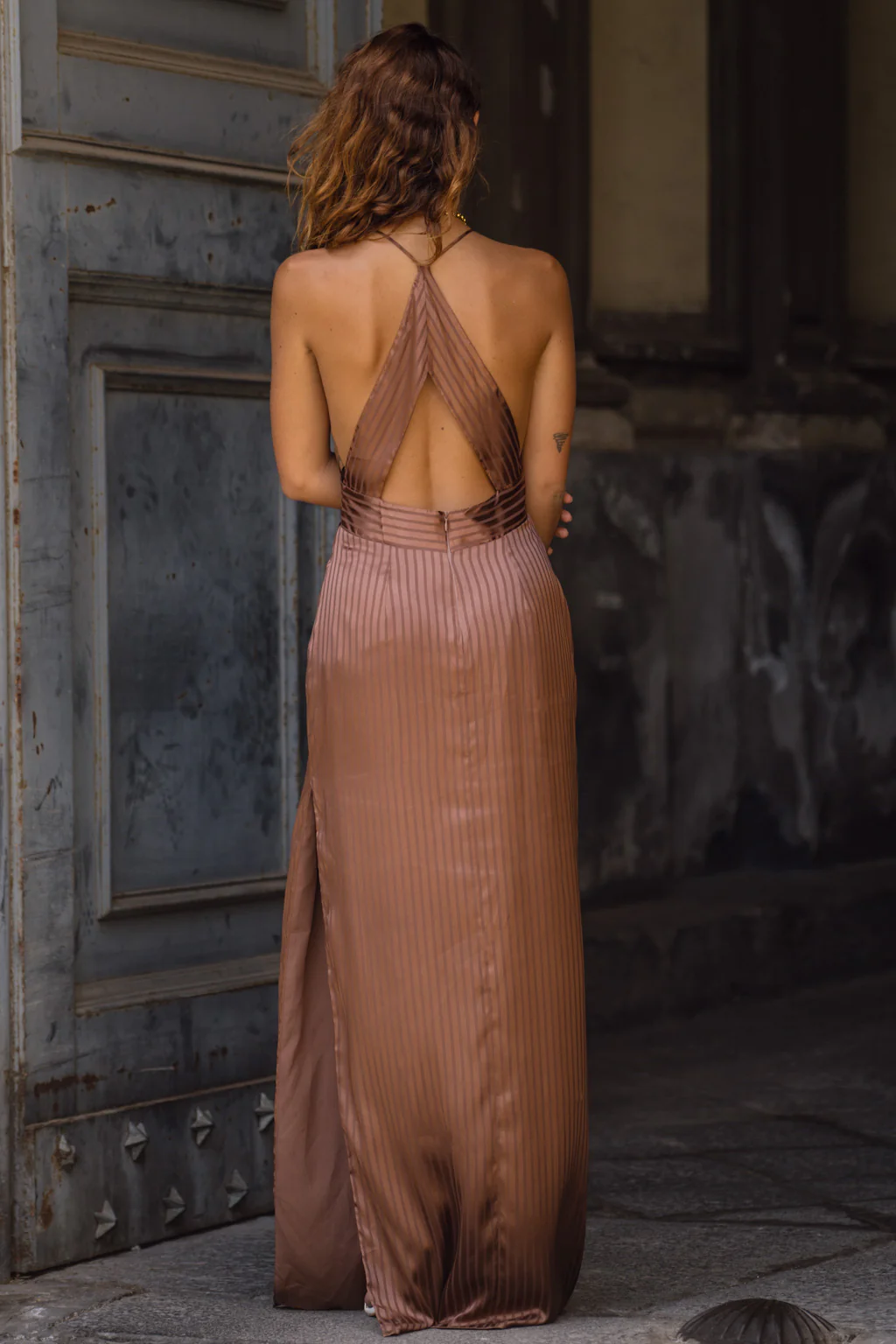 Roma Cocoa Striped Cutout Maxi Dress - Image 5