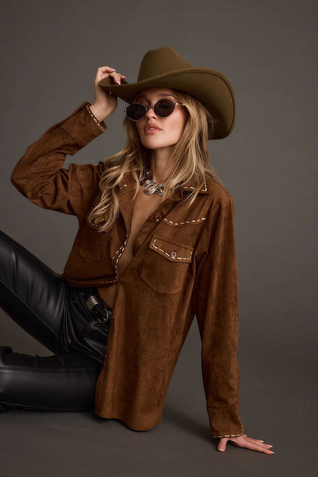 Rustic Pines Brown Suede Button Down Top - Image 4