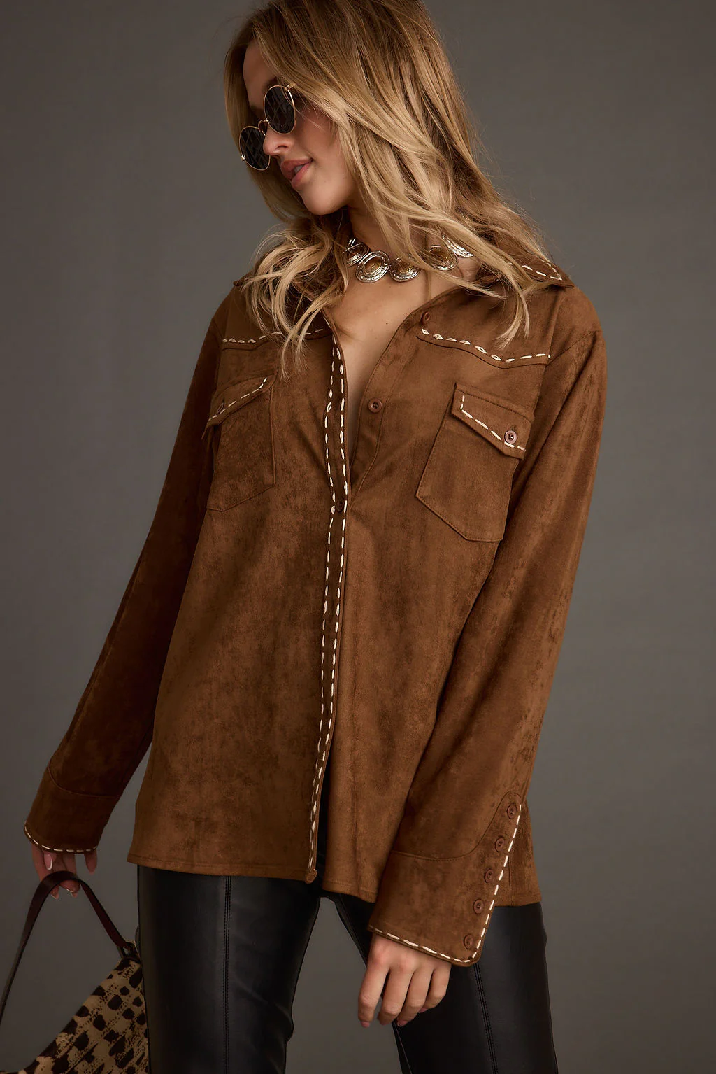 Rustic Pines Brown Suede Button Down Top - Image 7