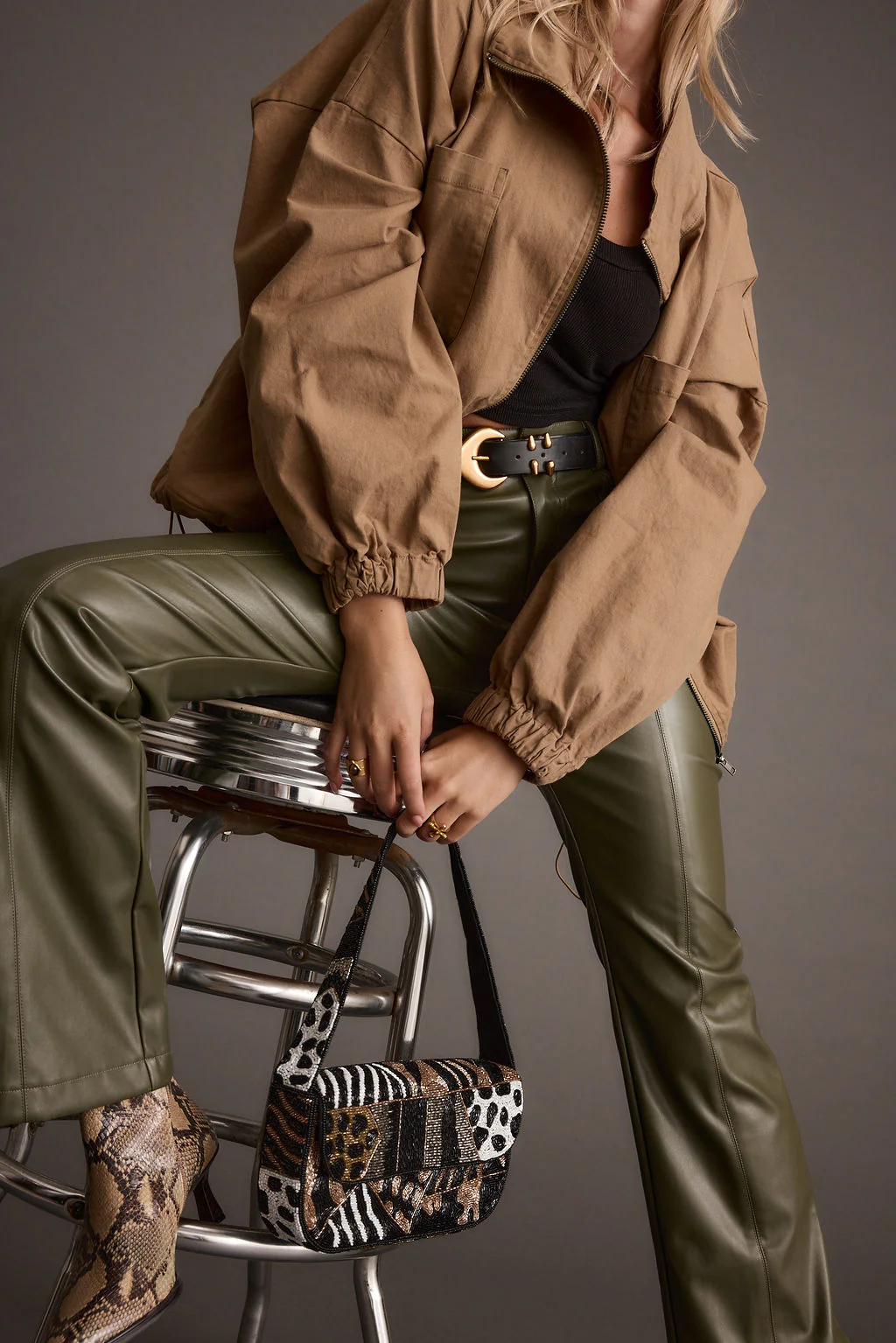 Ryland Olive Vegan Leather Flare Pants - Image 3