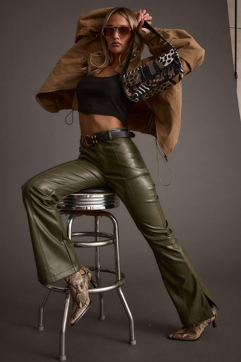 Ryland Olive Vegan Leather Flare Pants - Image 6