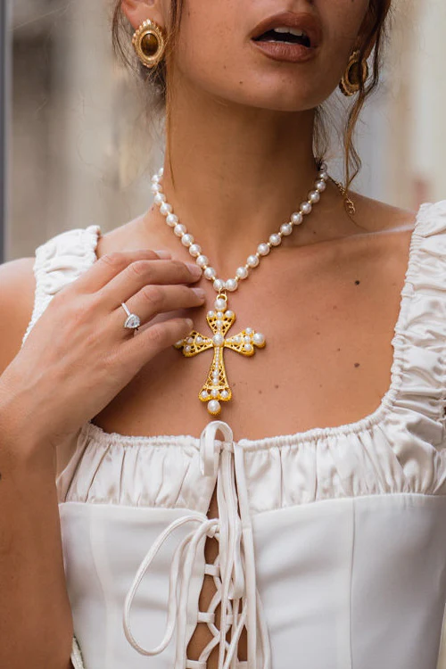 Santina Pearl and Gold Statement Cross Necklace - Image 2