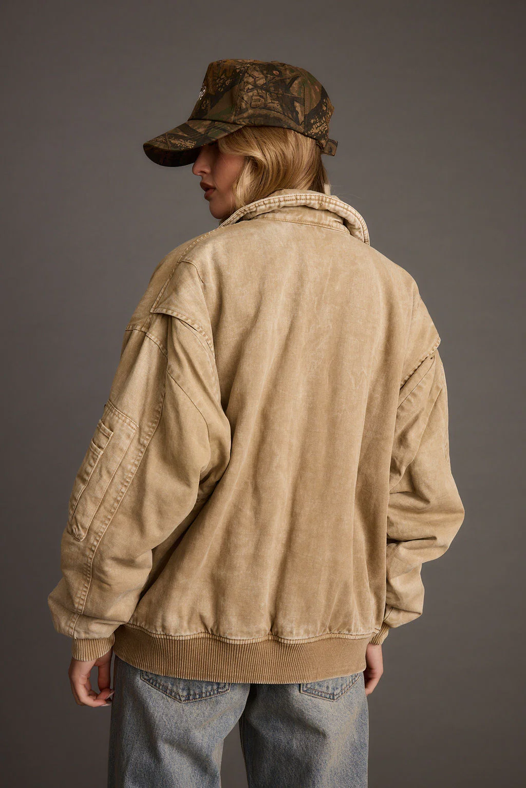 Sawyer Washed Tan Oversized Bomber Jacket - Image 3