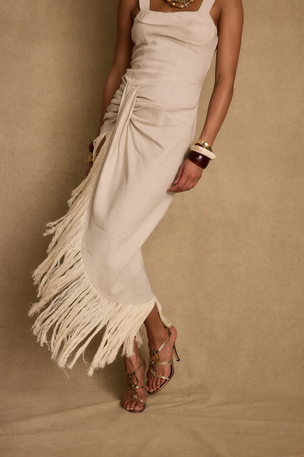 Serenade Beige Linen Wrap Midi Dress - Image 6