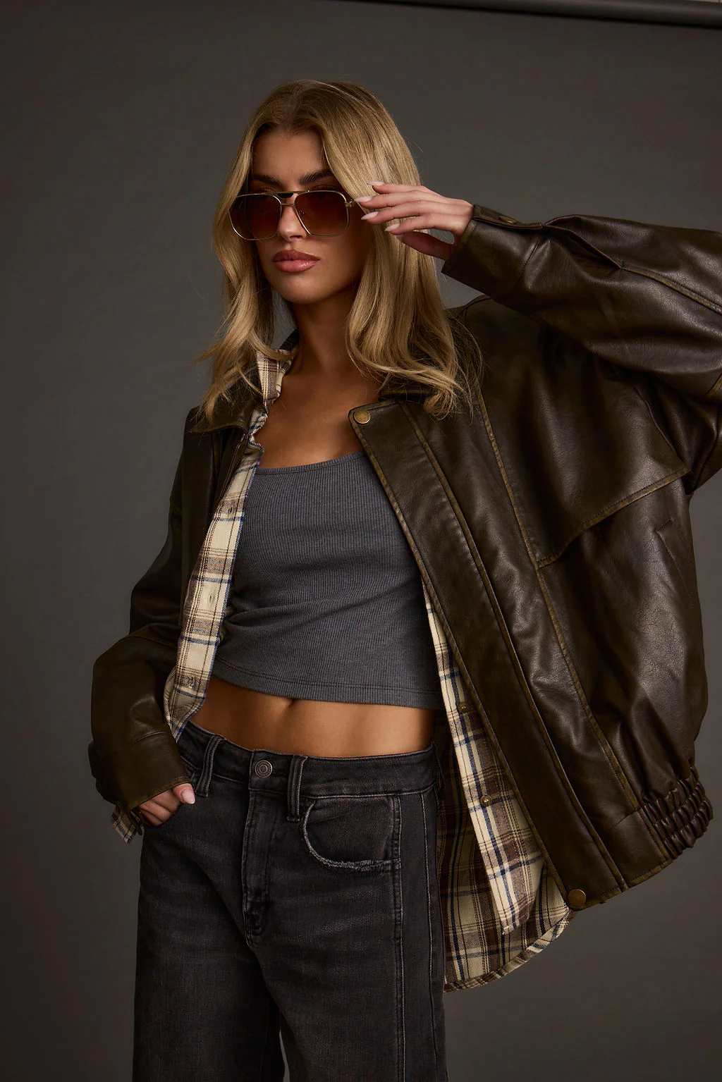 London Calling Brown Oversized Faux Leather Jacket - Image 5