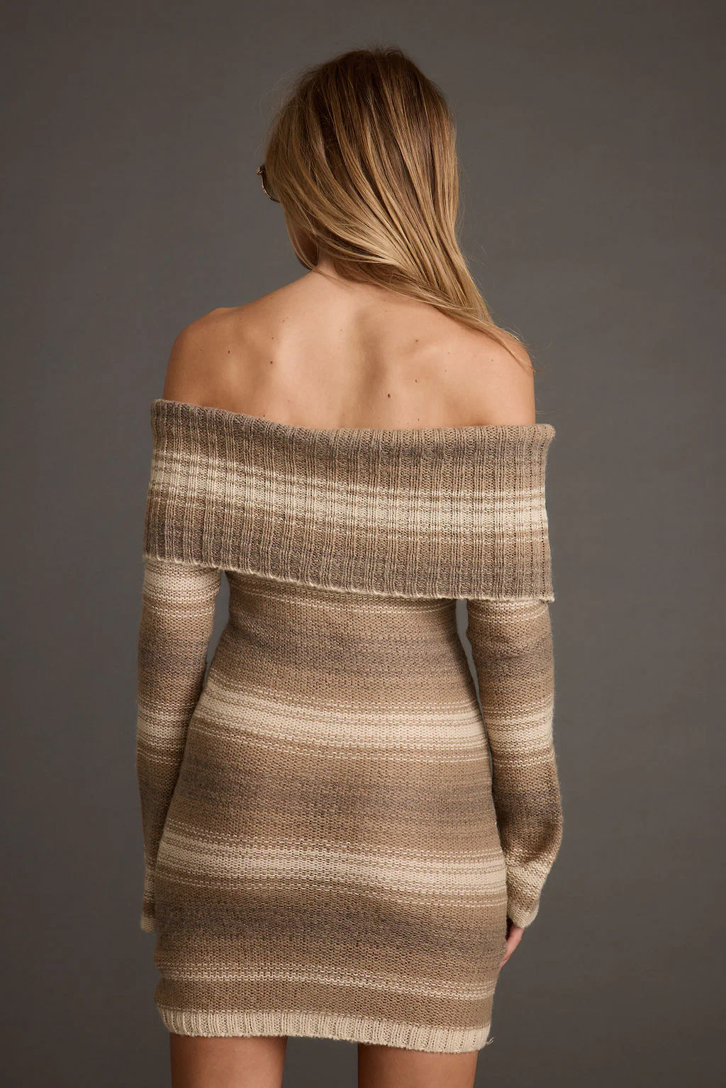 Siena Brown Striped Off the Shoulder Sweater Dress - Image 2