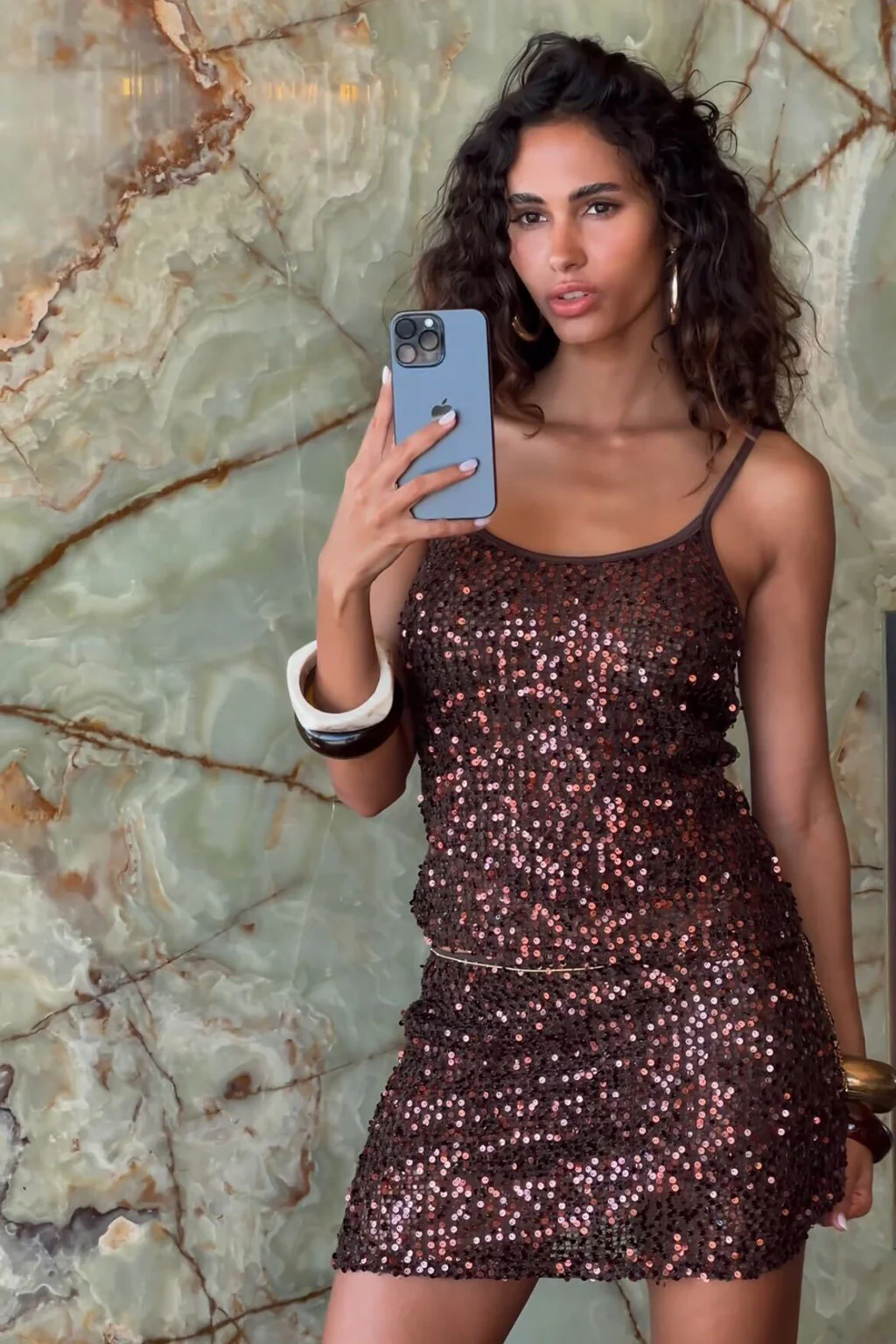 Solea Mocha Sequin Mini Skirt - Image 8