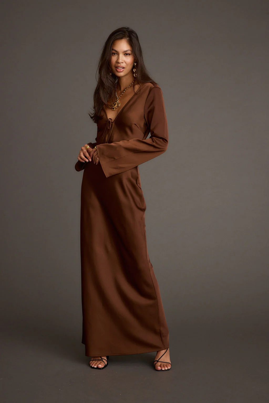 Strokes Mocha Long Sleeve Plunge Satin Maxi Dress - Image 3