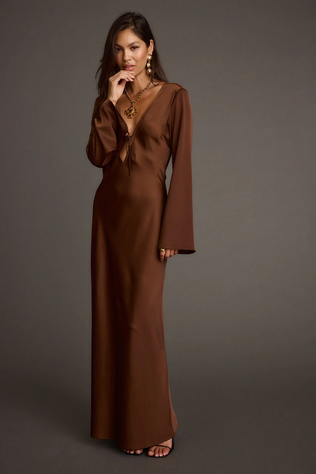 Strokes Mocha Long Sleeve Plunge Satin Maxi Dress - Image 4