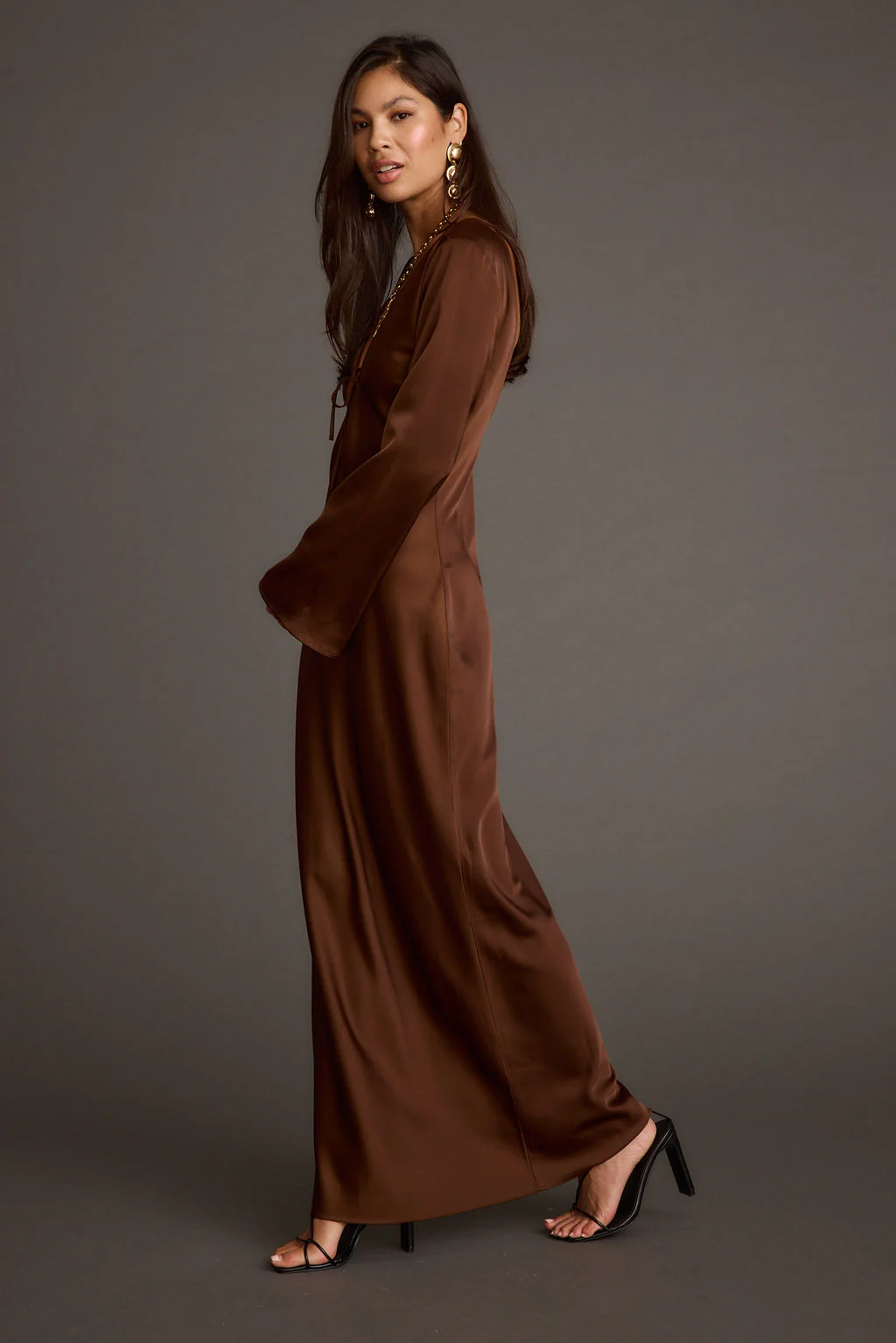 Strokes Mocha Long Sleeve Plunge Satin Maxi Dress - Image 5