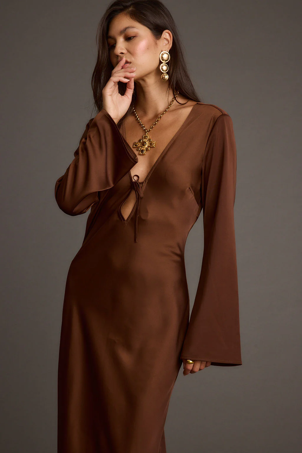 Strokes Mocha Long Sleeve Plunge Satin Maxi Dress - Image 6
