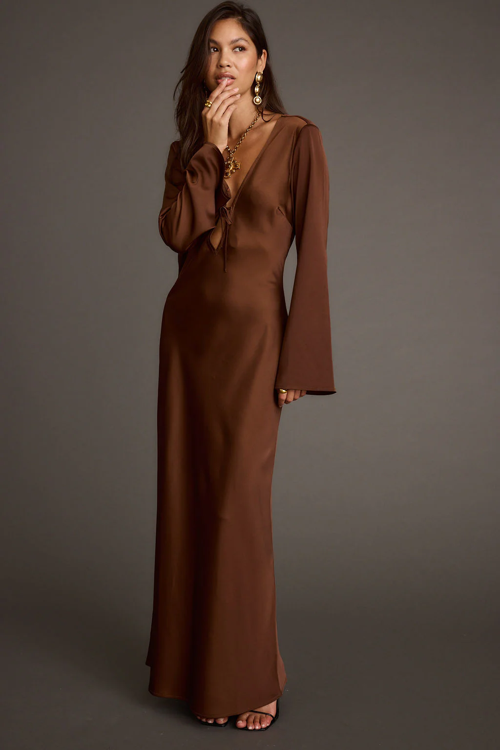 Strokes Mocha Long Sleeve Plunge Satin Maxi Dress - Image 7