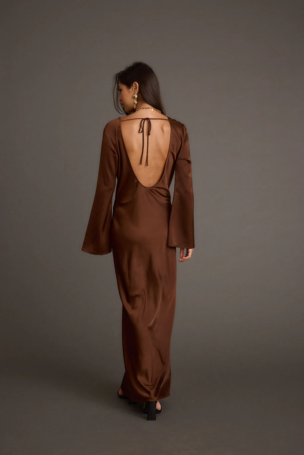 Strokes Mocha Long Sleeve Plunge Satin Maxi Dress - Image 8