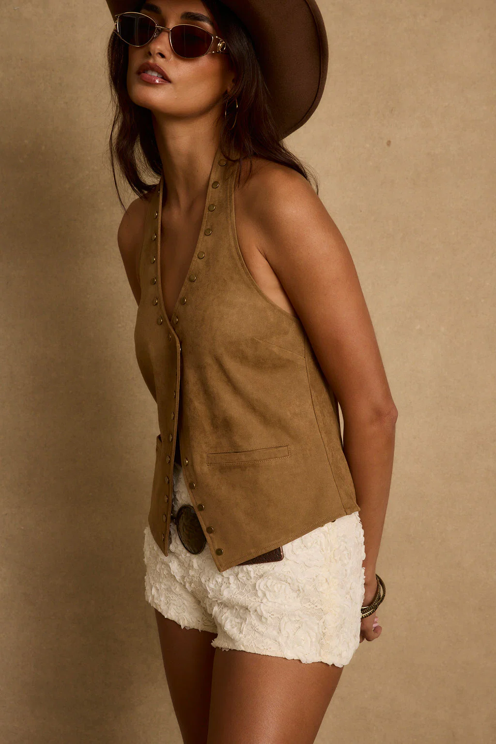 Thatcher Camel Suede Studded Top - Image 5
