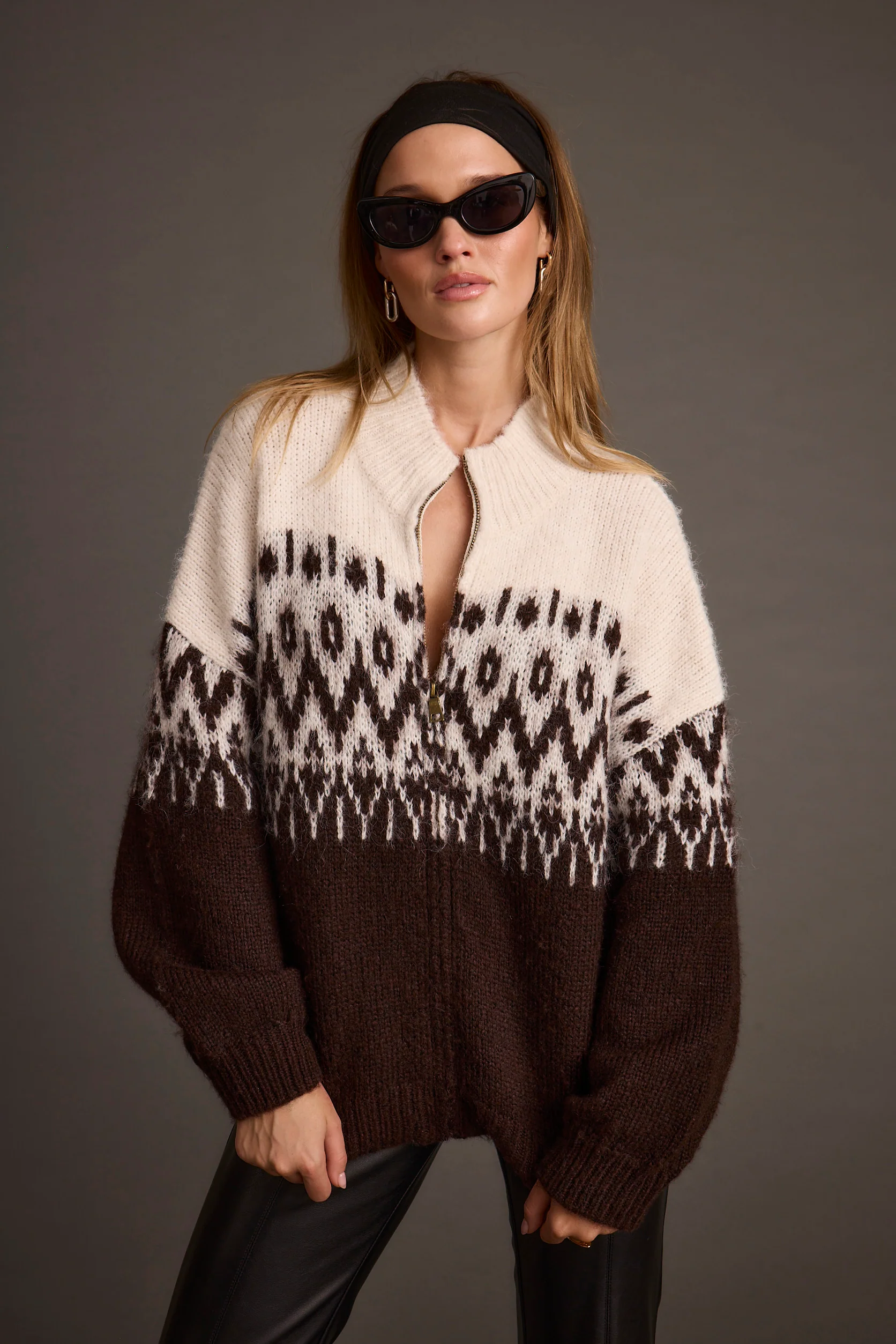 Toddy Espresso and Ivory Zip Up Sweater - Image 14