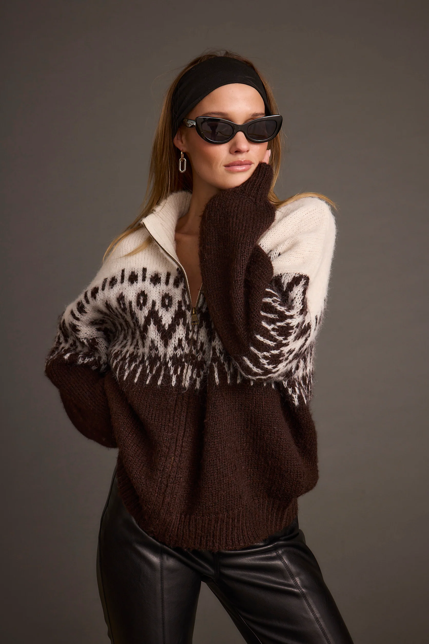 Toddy Espresso and Ivory Zip Up Sweater - Image 16