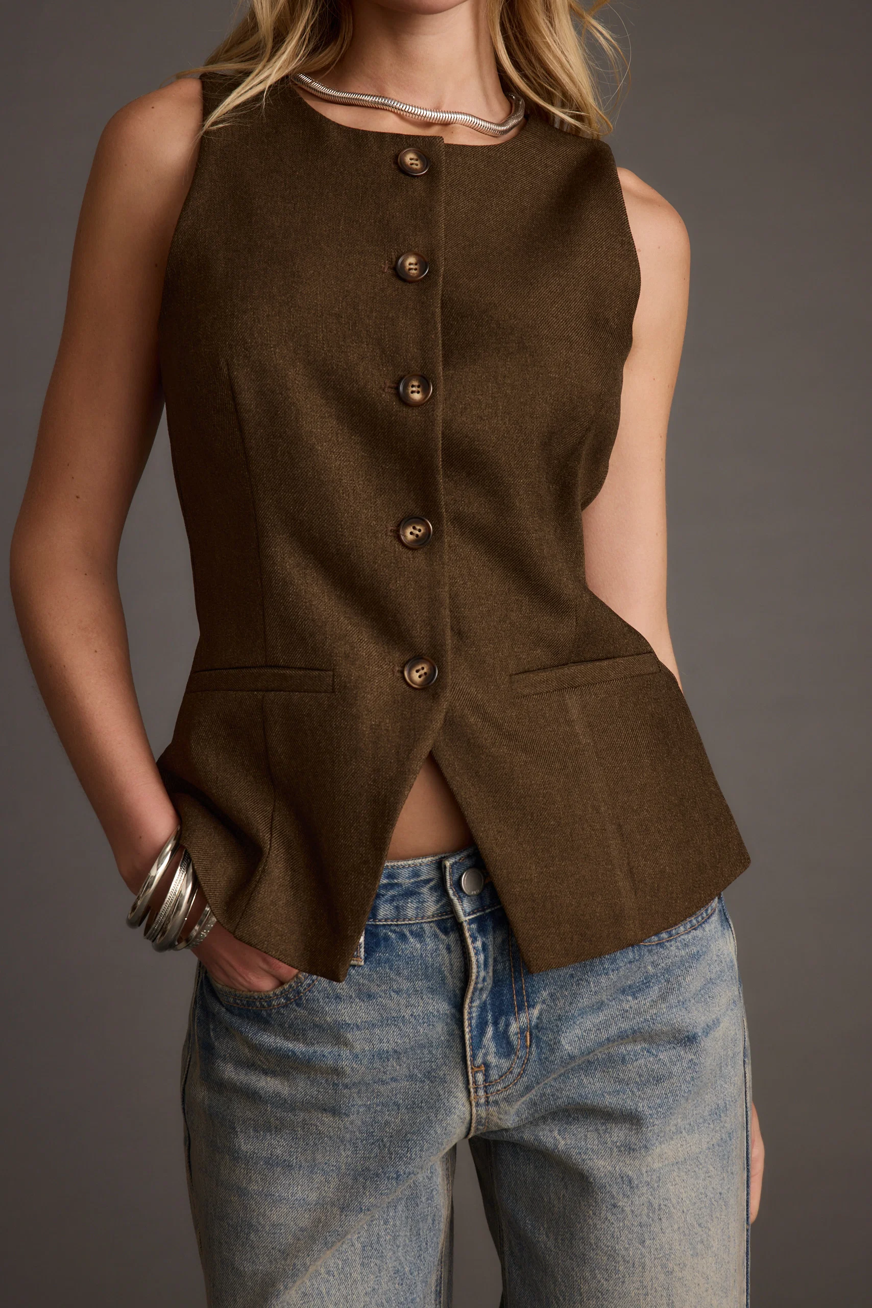Tory Mocha Twill Button Front Sleeveless Top - Image 5