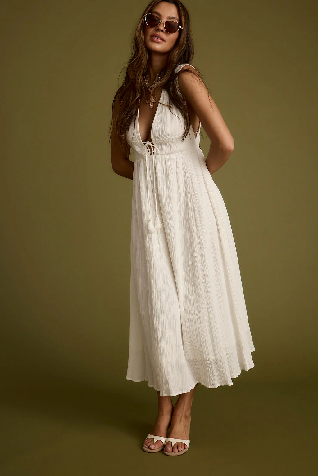 Turks Plunge White Gauze Maxi Dress - Image 3
