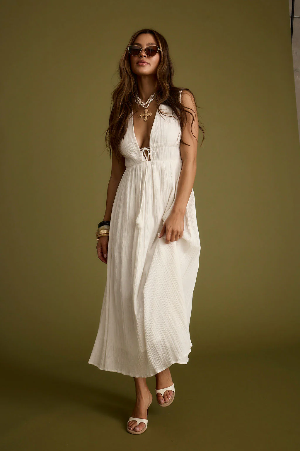 Turks Plunge White Gauze Maxi Dress - Image 7